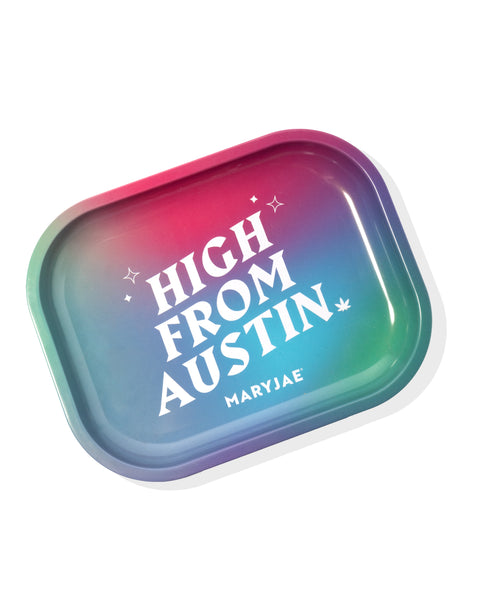 Gradient-colored tray with 'High from Austin' text and brand name on a white background